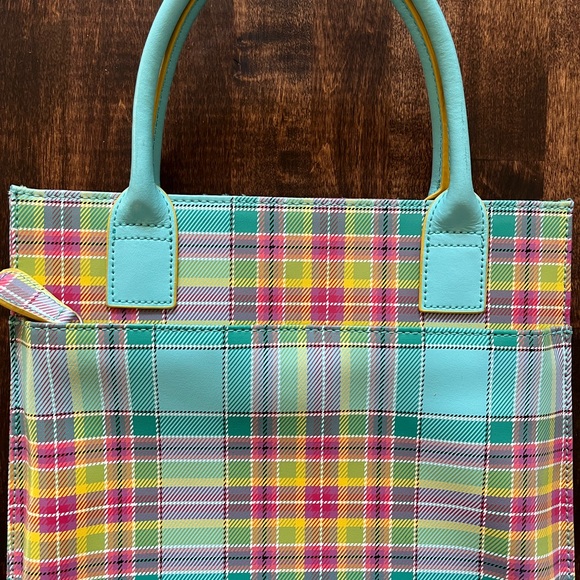 NWOT Gorgeous Baekaard Real Leather Teal/Pink/Yellow Plaid Square Purse - Picture 3 of 8